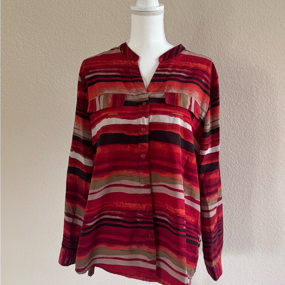 Notations Red and Brown Long Sleeve Blouse with Mandarin Collar